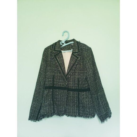 Bisou Bisou Jackets & Blazers - Bisou Bisou Michele Bohbet Women 14 Blazer Fringe Chic Black Career Woven Check